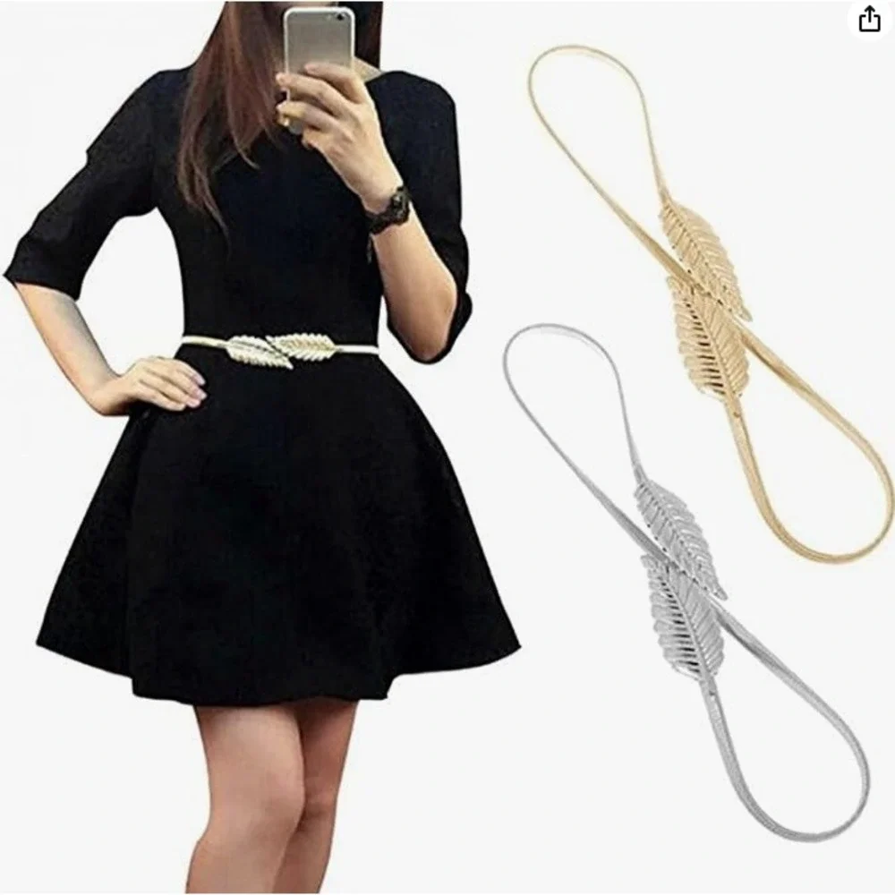 2 Pack Womens Leaf Buckle Elastic Skinny Waist Belt Gold Silver Metallic Cinch